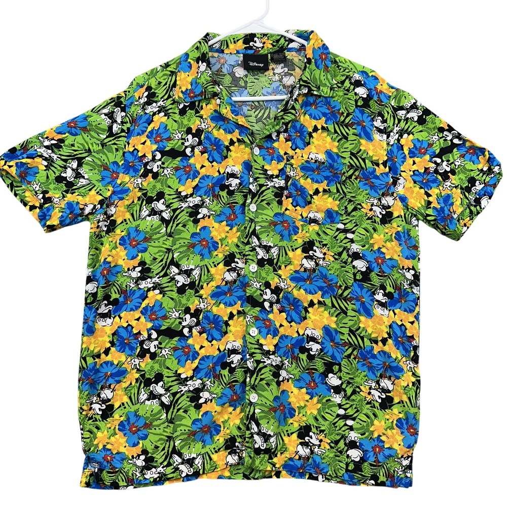 Disney Mickey Mouse Shirt Mens Medium Hawaiian Aloha Rayon Floral‎ Tropical